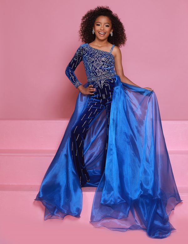 Royal blue velvet and crystal-embellished girls jumpsuit with detachable organza skirt, great for runway shows, pageants, fun fashion, and stage appearances.